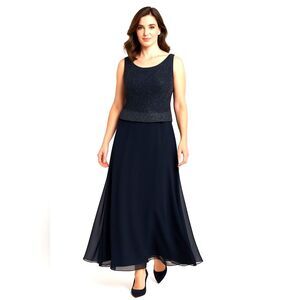 Elegant Navy Beaded Bodice Chiffon Skirt Evening Gown Formal Dress Size 8 Jkara